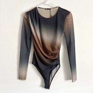 NEW Zara Mesh Long Sleeve Brown and Blue Ombré Gathered Bodysuit Women’s Small